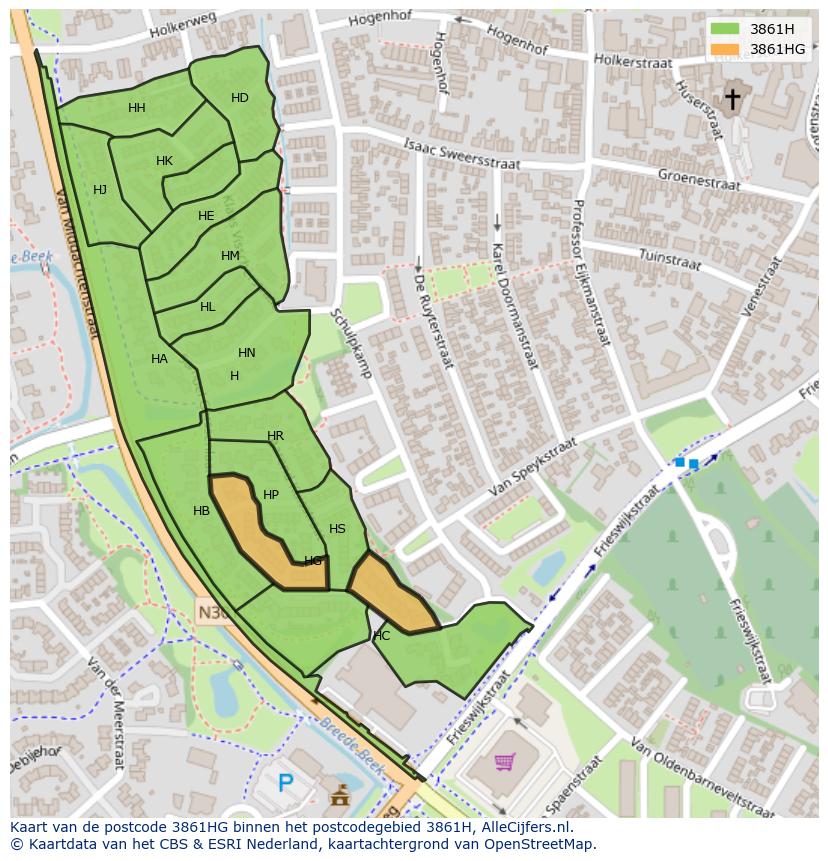 Afbeelding van het postcodegebied 3861 HG op de kaart.
