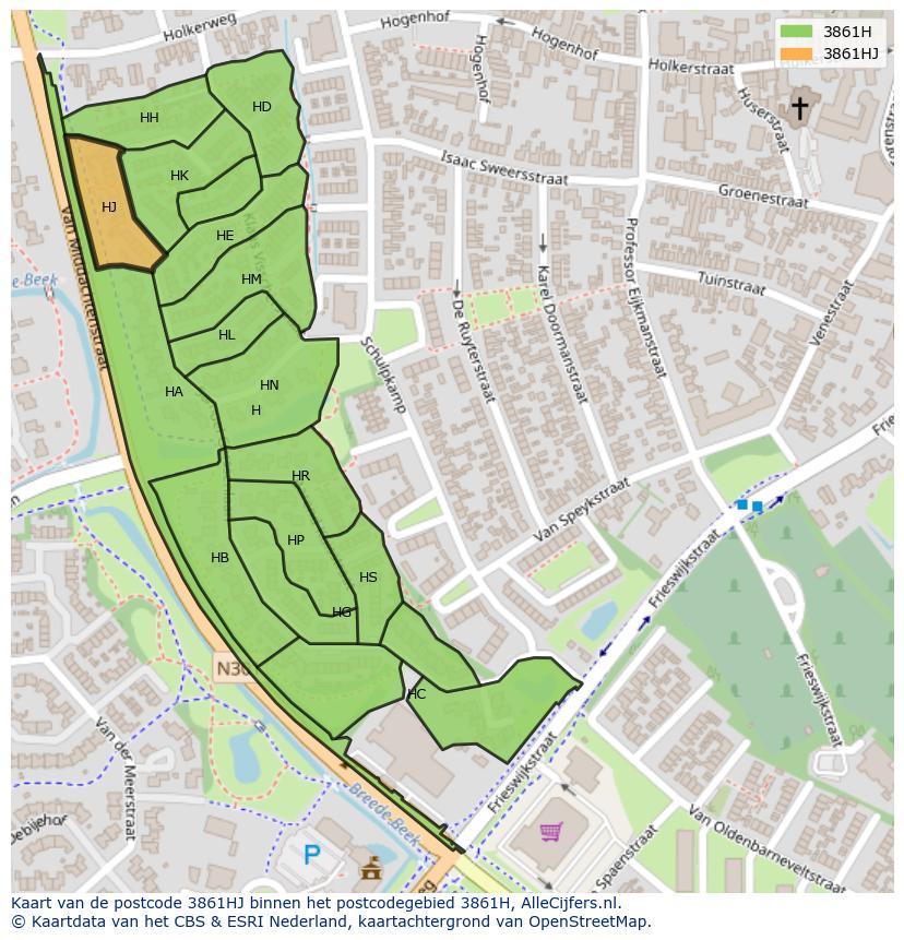 Afbeelding van het postcodegebied 3861 HJ op de kaart.
