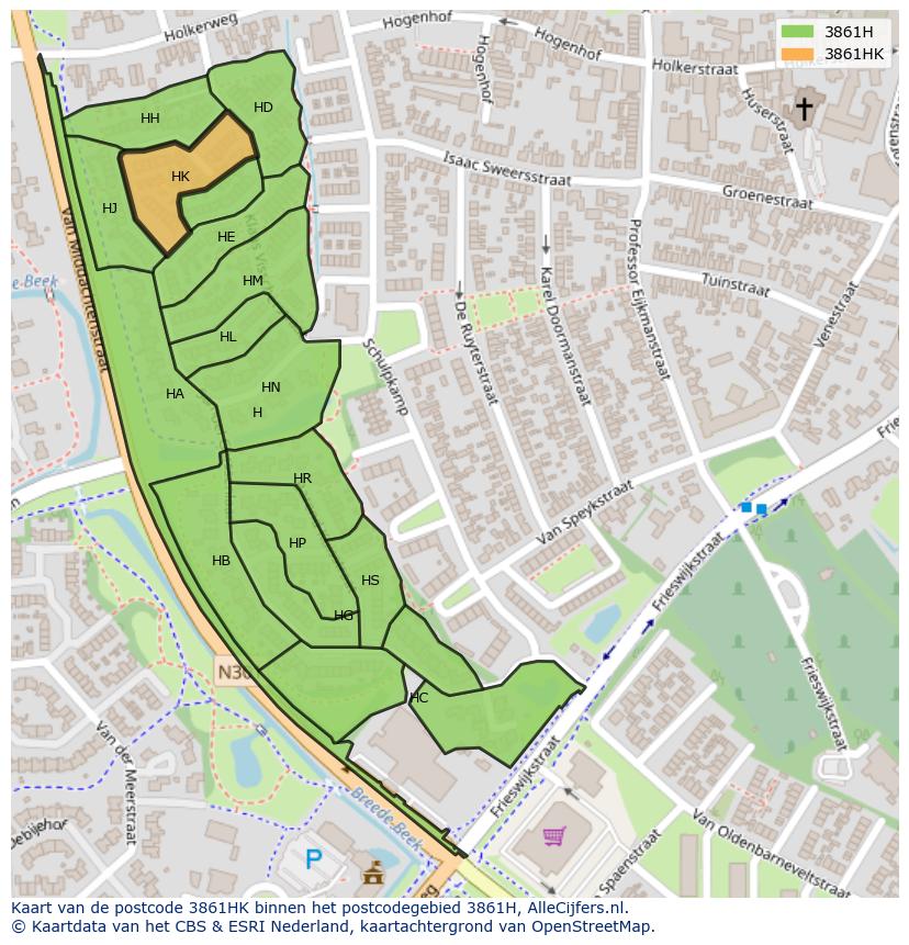 Afbeelding van het postcodegebied 3861 HK op de kaart.