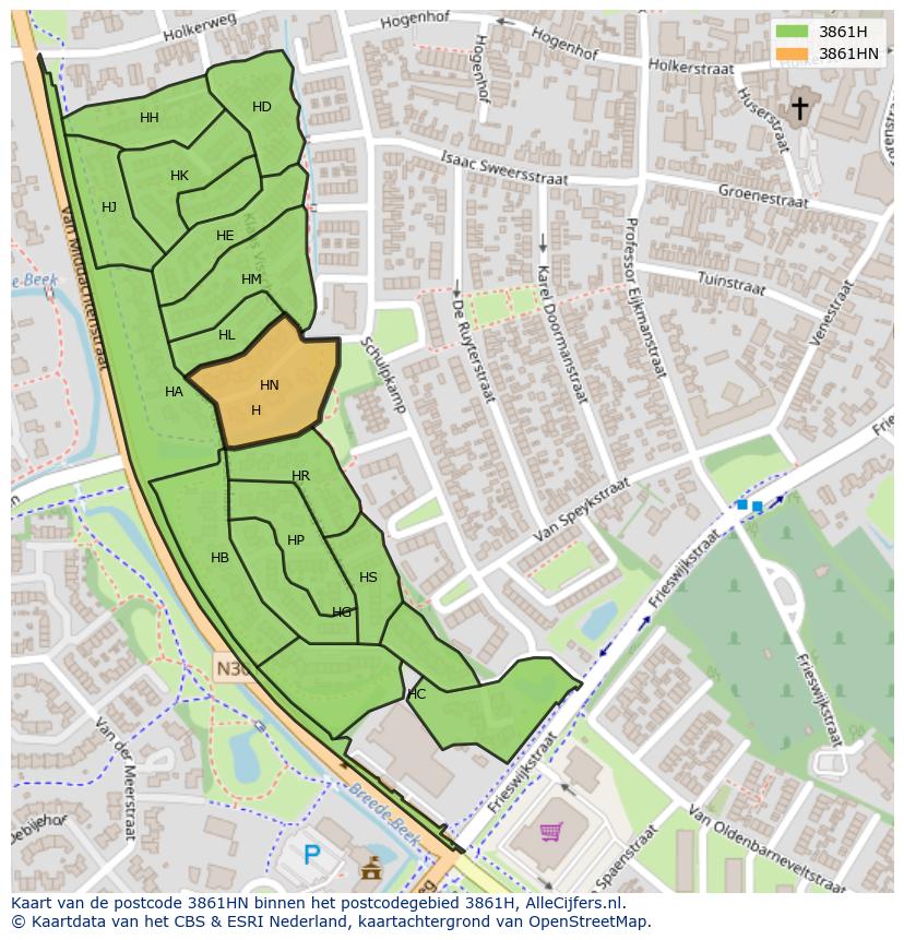 Afbeelding van het postcodegebied 3861 HN op de kaart.