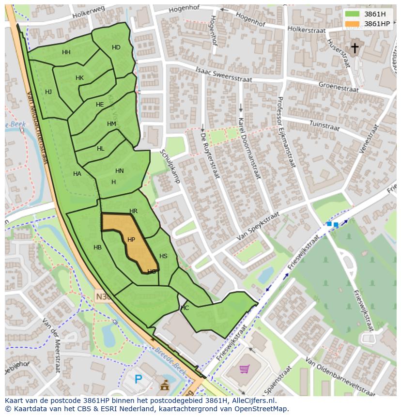 Afbeelding van het postcodegebied 3861 HP op de kaart.