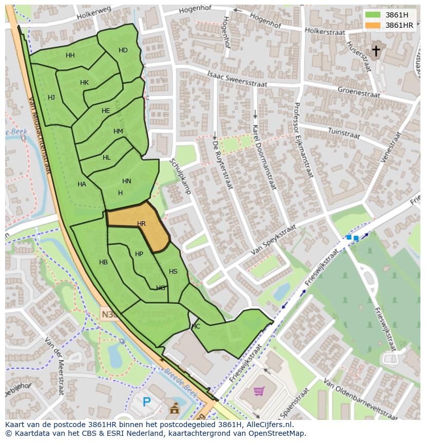 Afbeelding van het postcodegebied 3861 HR op de kaart.