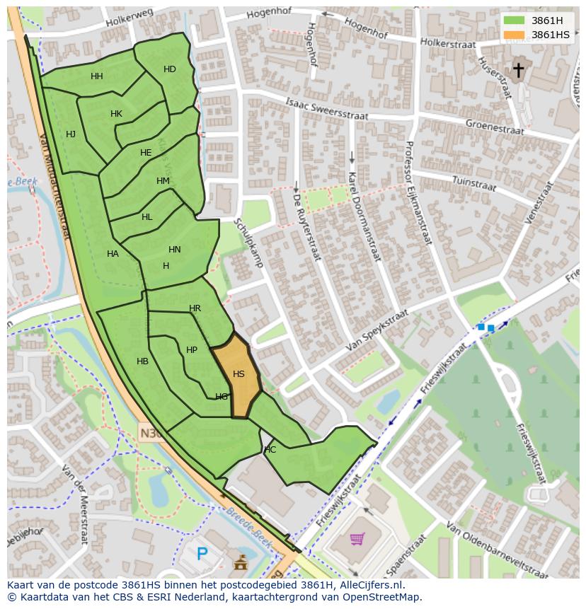 Afbeelding van het postcodegebied 3861 HS op de kaart.