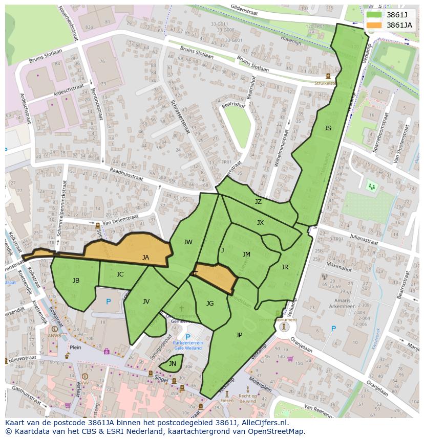 Afbeelding van het postcodegebied 3861 JA op de kaart.