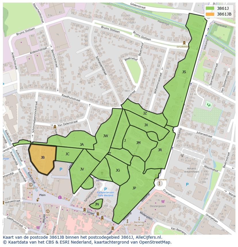 Afbeelding van het postcodegebied 3861 JB op de kaart.