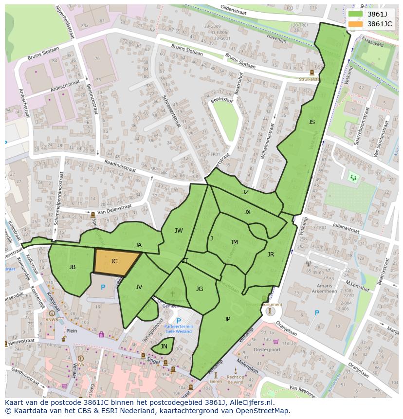 Afbeelding van het postcodegebied 3861 JC op de kaart.