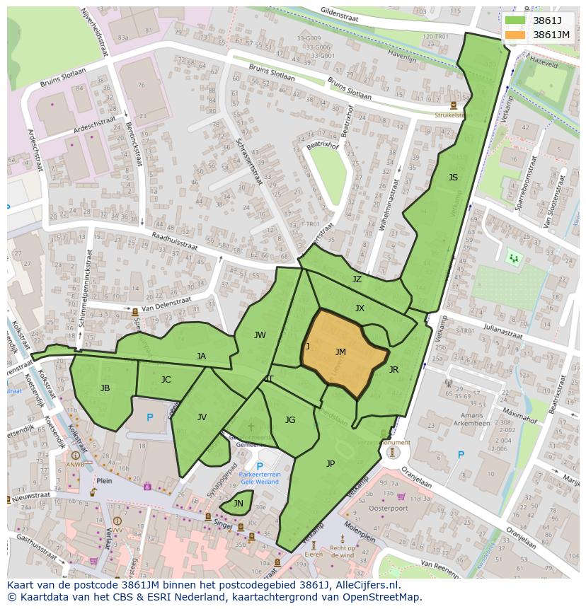 Afbeelding van het postcodegebied 3861 JM op de kaart.