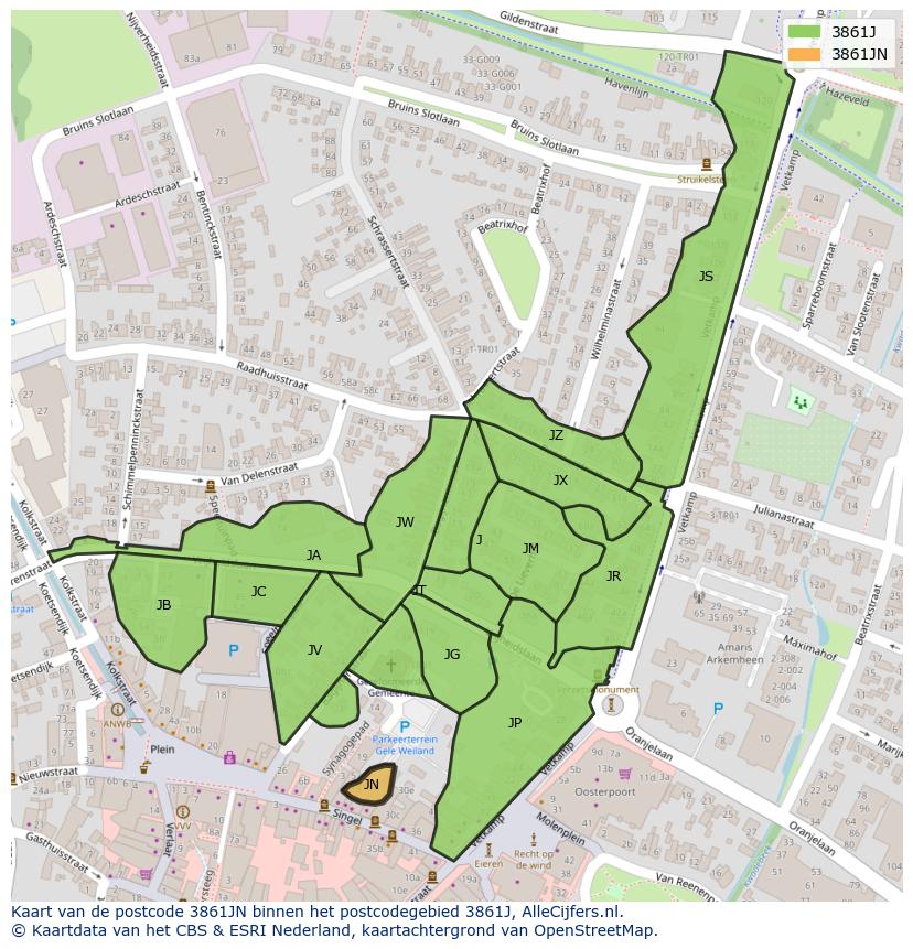 Afbeelding van het postcodegebied 3861 JN op de kaart.