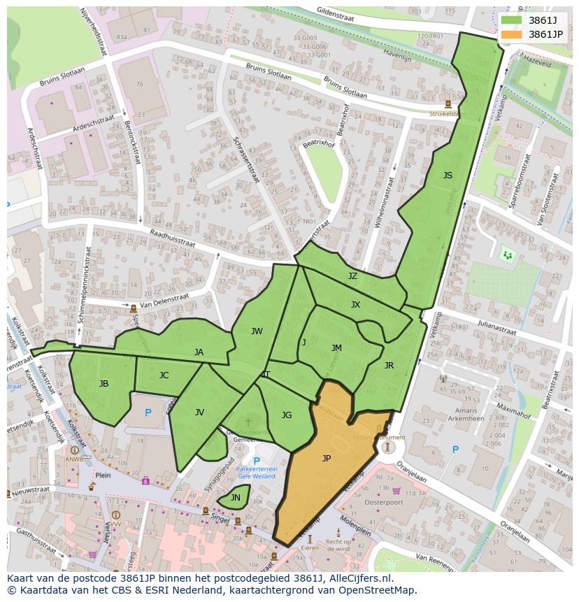 Afbeelding van het postcodegebied 3861 JP op de kaart.