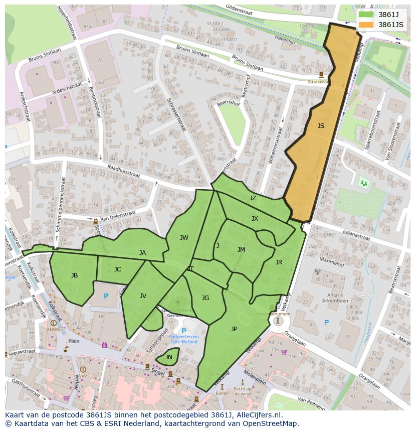 Afbeelding van het postcodegebied 3861 JS op de kaart.