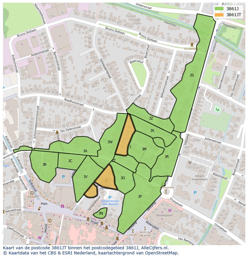 Afbeelding van het postcodegebied 3861 JT op de kaart.
