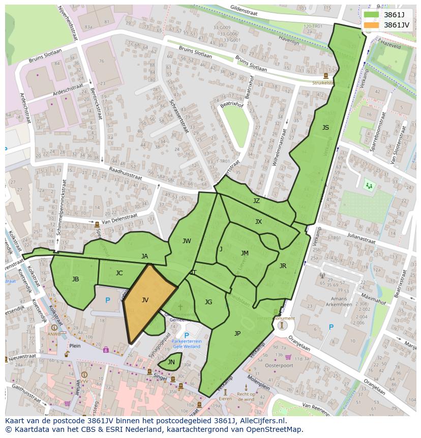 Afbeelding van het postcodegebied 3861 JV op de kaart.