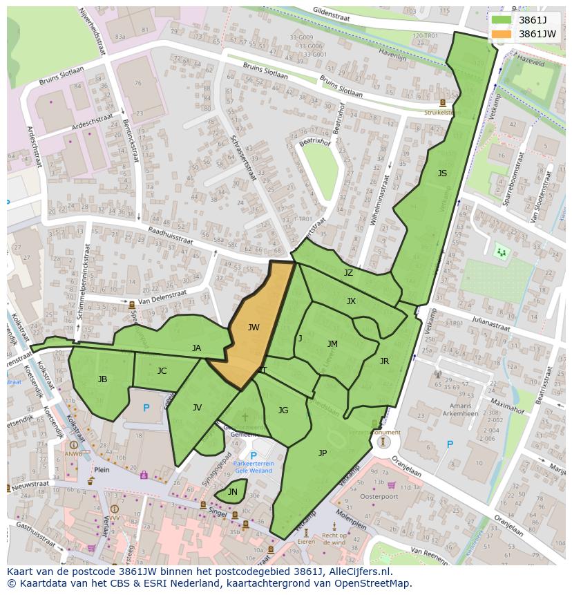 Afbeelding van het postcodegebied 3861 JW op de kaart.