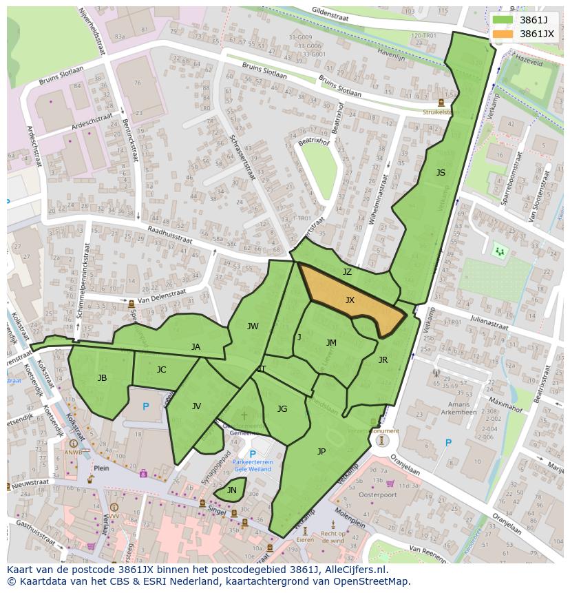 Afbeelding van het postcodegebied 3861 JX op de kaart.