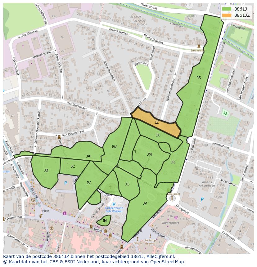 Afbeelding van het postcodegebied 3861 JZ op de kaart.