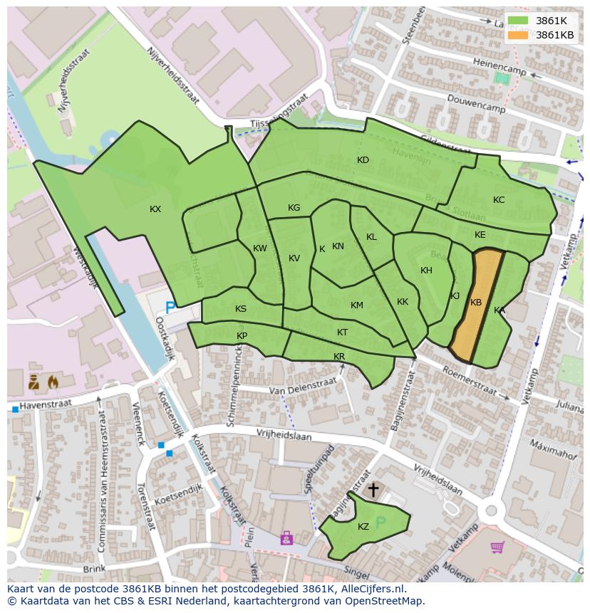 Afbeelding van het postcodegebied 3861 KB op de kaart.