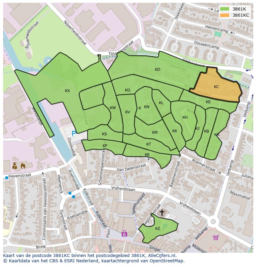 Afbeelding van het postcodegebied 3861 KC op de kaart.