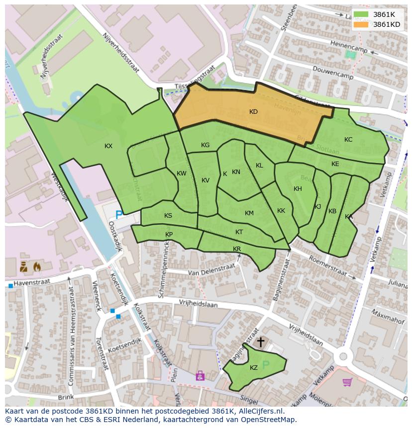 Afbeelding van het postcodegebied 3861 KD op de kaart.