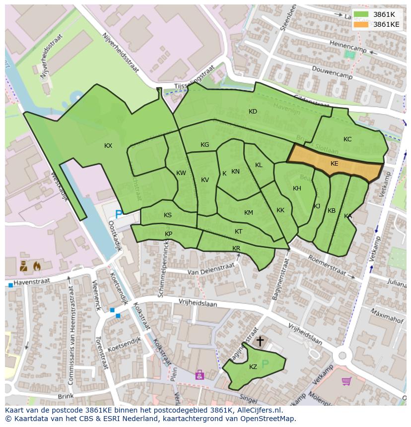 Afbeelding van het postcodegebied 3861 KE op de kaart.