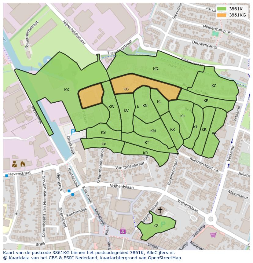 Afbeelding van het postcodegebied 3861 KG op de kaart.