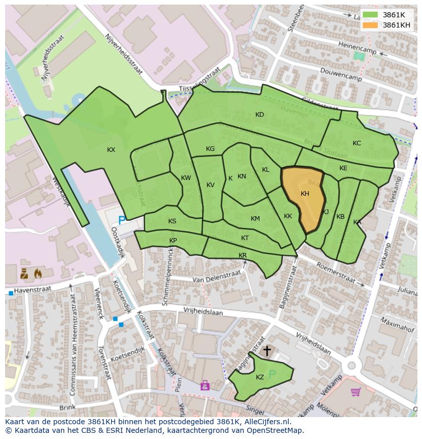 Afbeelding van het postcodegebied 3861 KH op de kaart.