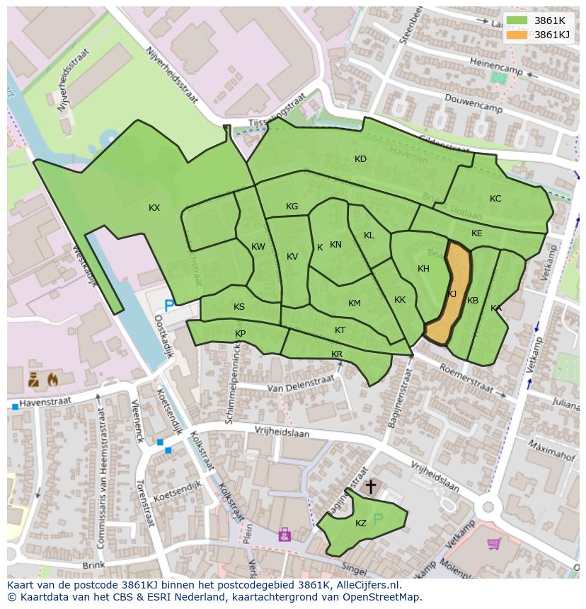 Afbeelding van het postcodegebied 3861 KJ op de kaart.