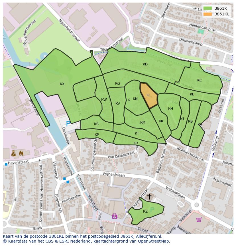 Afbeelding van het postcodegebied 3861 KL op de kaart.
