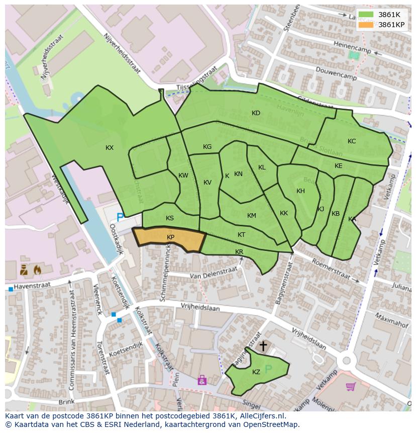 Afbeelding van het postcodegebied 3861 KP op de kaart.