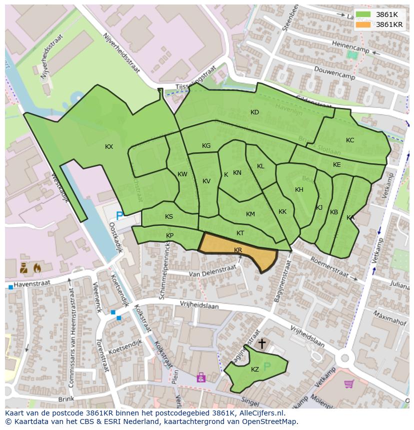 Afbeelding van het postcodegebied 3861 KR op de kaart.