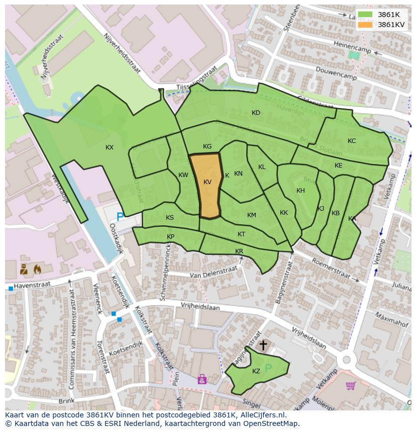 Afbeelding van het postcodegebied 3861 KV op de kaart.