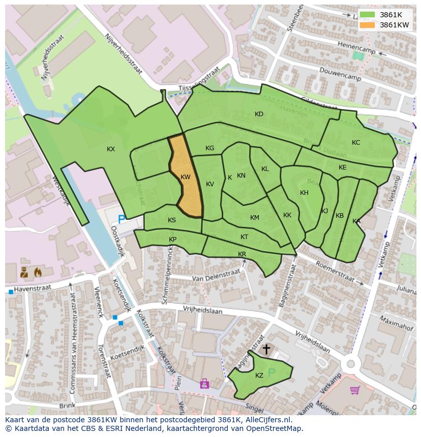 Afbeelding van het postcodegebied 3861 KW op de kaart.