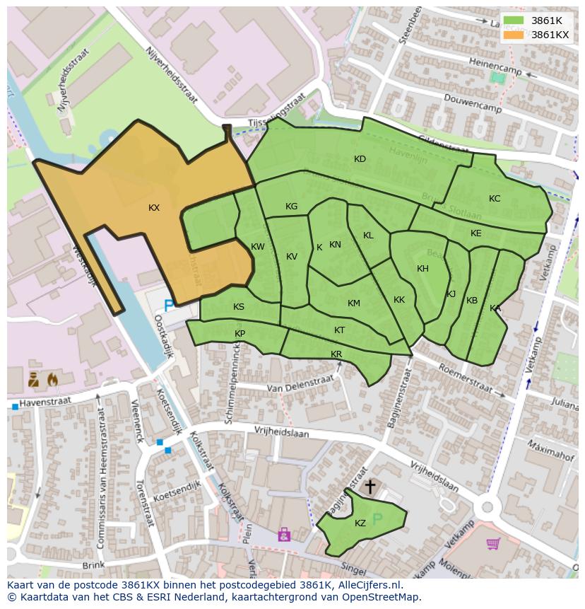 Afbeelding van het postcodegebied 3861 KX op de kaart.