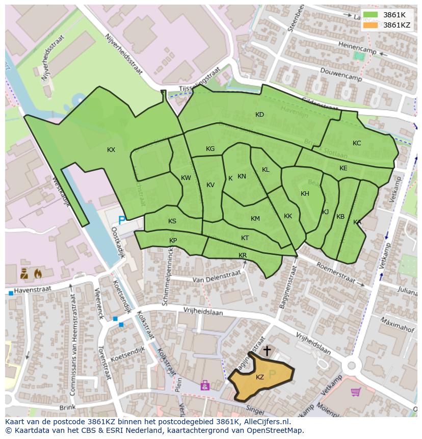 Afbeelding van het postcodegebied 3861 KZ op de kaart.