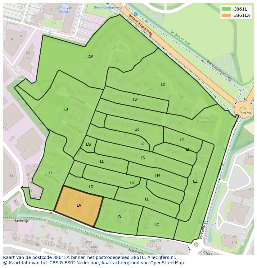Afbeelding van het postcodegebied 3861 LA op de kaart.