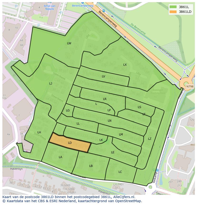 Afbeelding van het postcodegebied 3861 LD op de kaart.