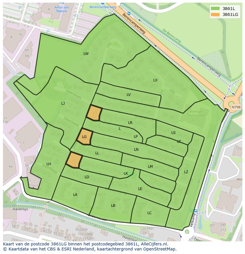 Afbeelding van het postcodegebied 3861 LG op de kaart.