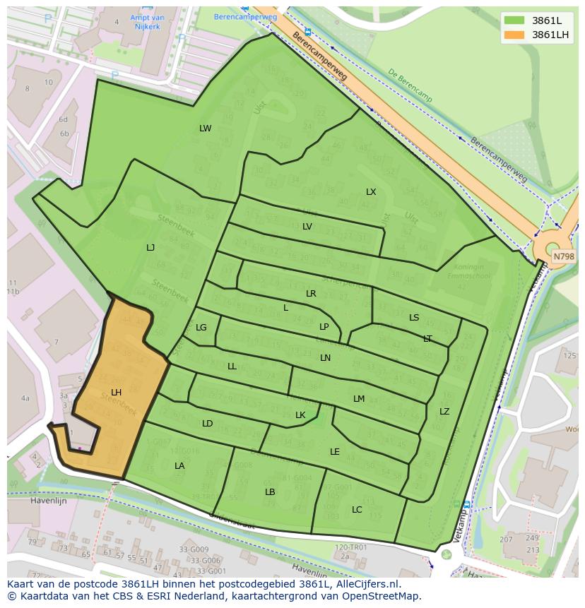Afbeelding van het postcodegebied 3861 LH op de kaart.