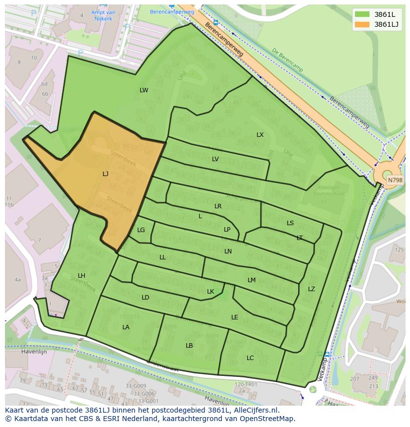 Afbeelding van het postcodegebied 3861 LJ op de kaart.