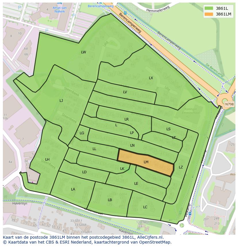 Afbeelding van het postcodegebied 3861 LM op de kaart.