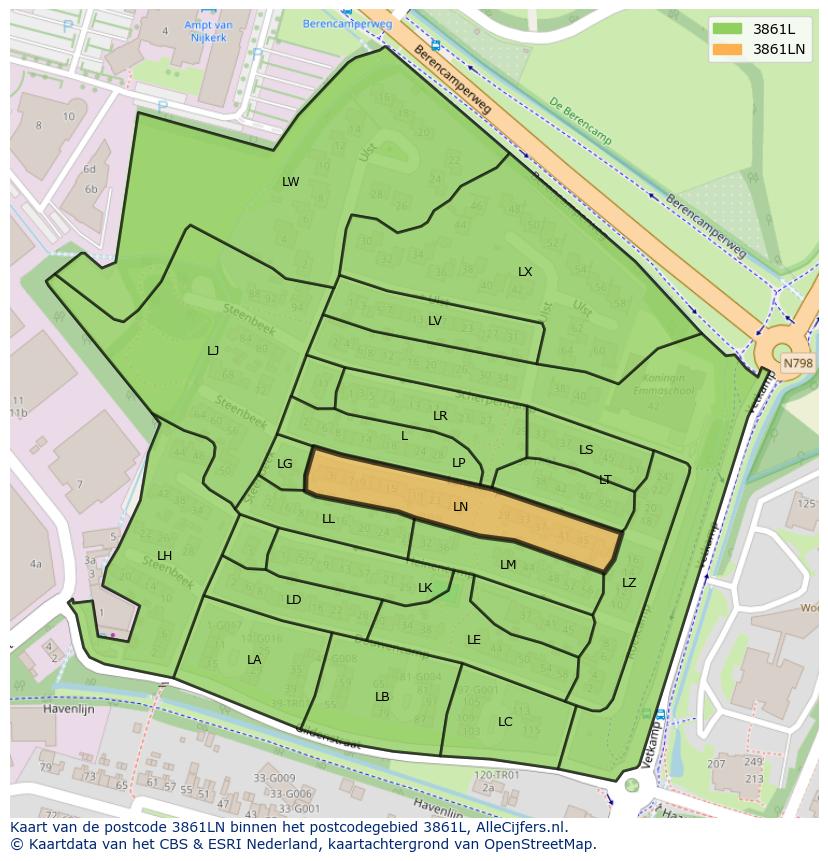 Afbeelding van het postcodegebied 3861 LN op de kaart.