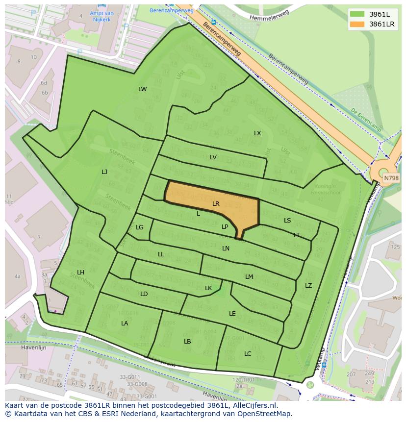 Afbeelding van het postcodegebied 3861 LR op de kaart.