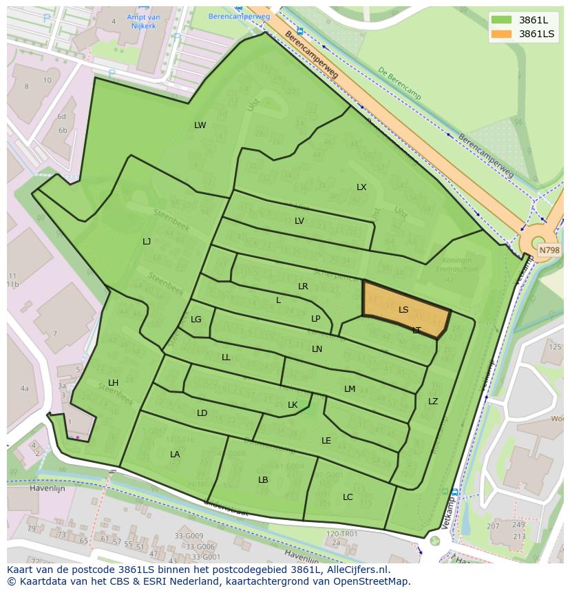 Afbeelding van het postcodegebied 3861 LS op de kaart.