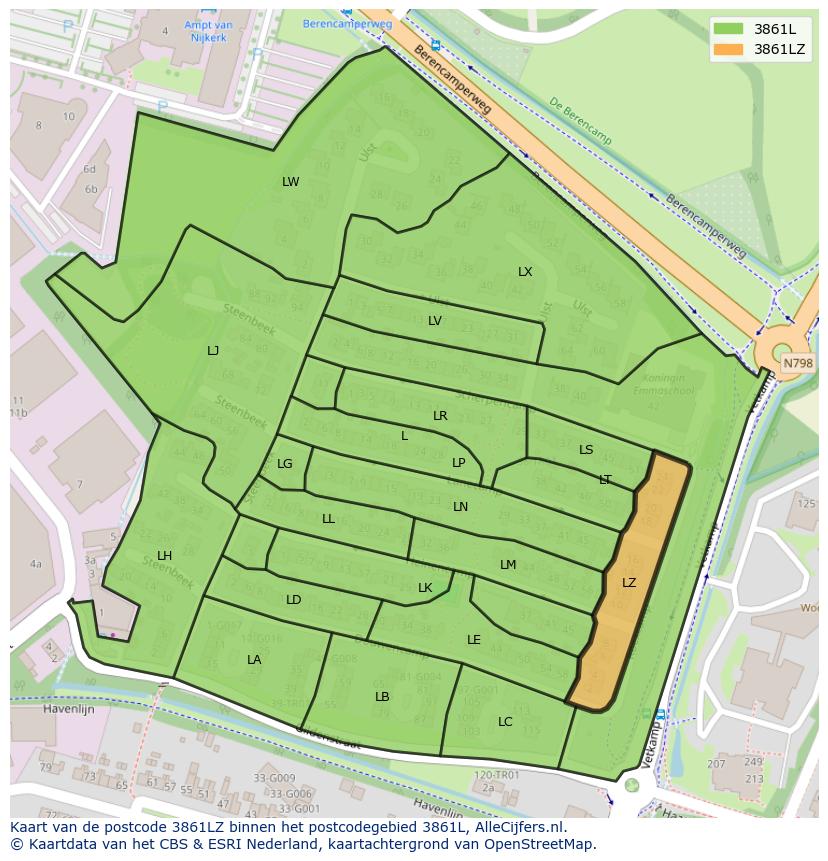 Afbeelding van het postcodegebied 3861 LZ op de kaart.