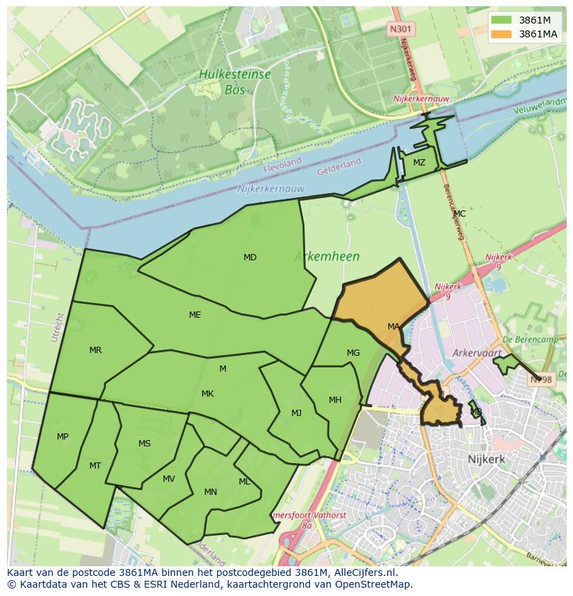 Afbeelding van het postcodegebied 3861 MA op de kaart.