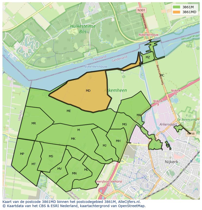 Afbeelding van het postcodegebied 3861 MD op de kaart.