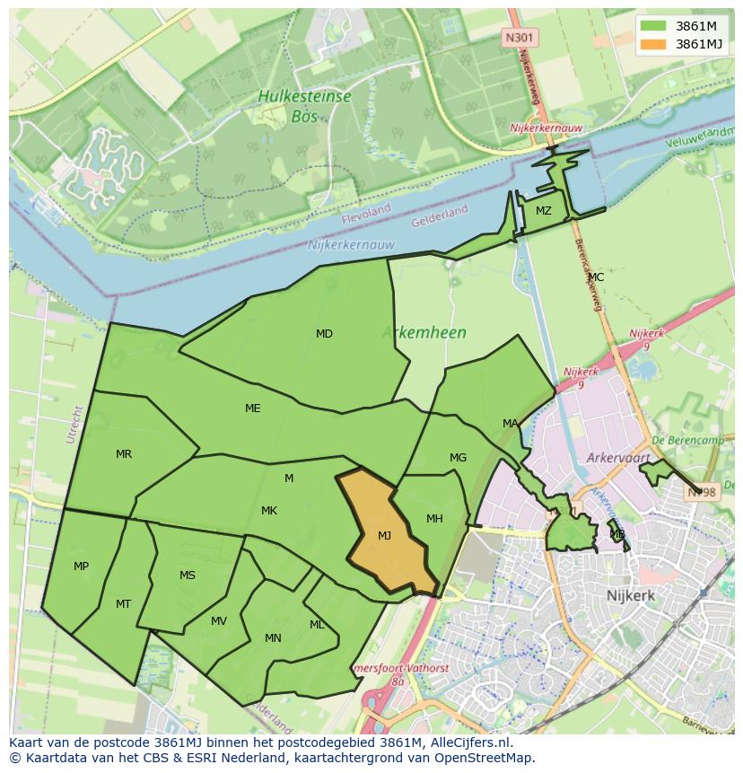 Afbeelding van het postcodegebied 3861 MJ op de kaart.