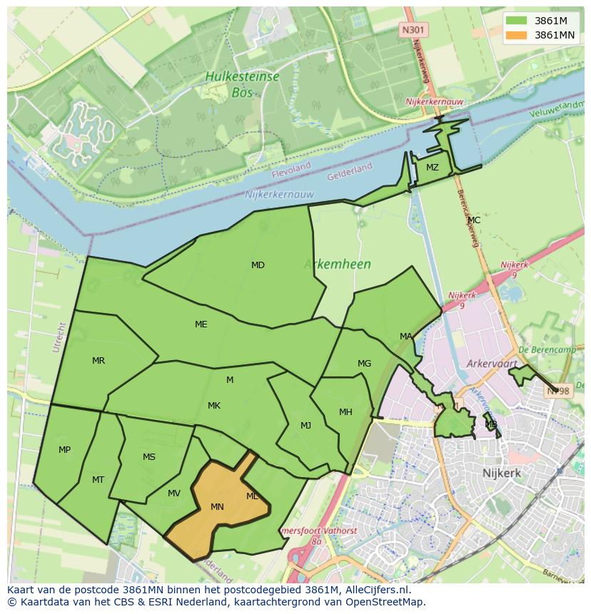 Afbeelding van het postcodegebied 3861 MN op de kaart.