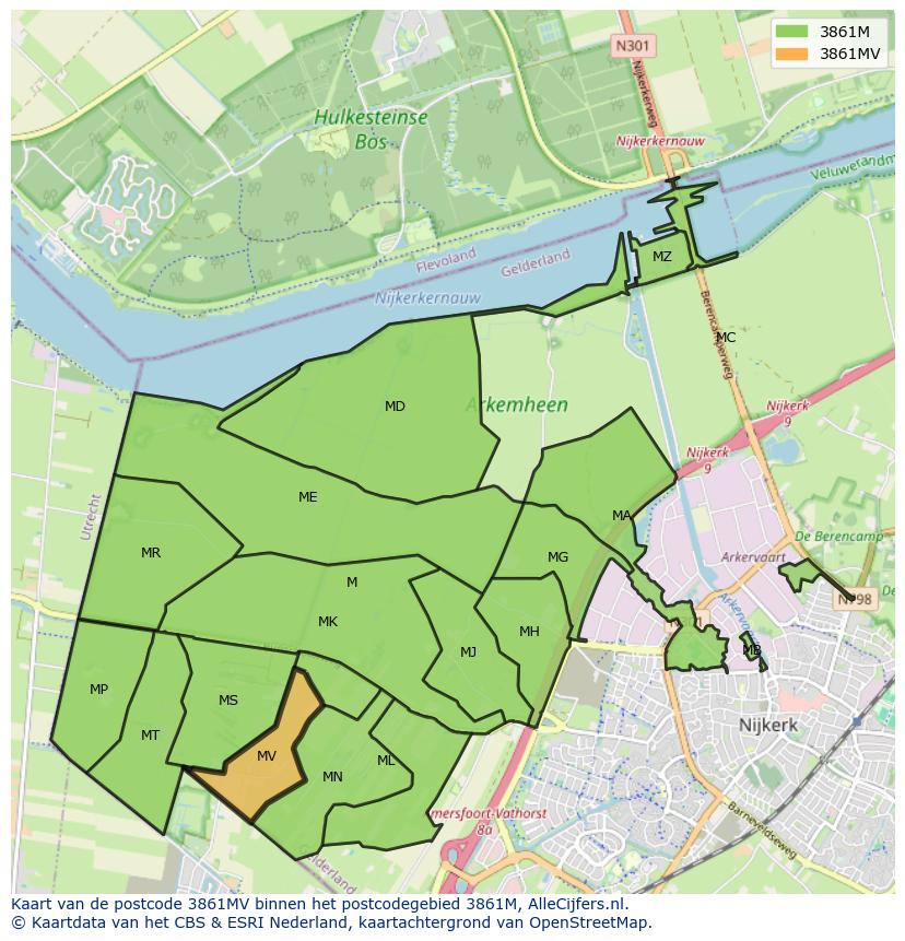 Afbeelding van het postcodegebied 3861 MV op de kaart.