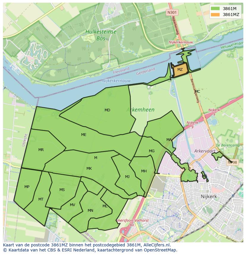 Afbeelding van het postcodegebied 3861 MZ op de kaart.