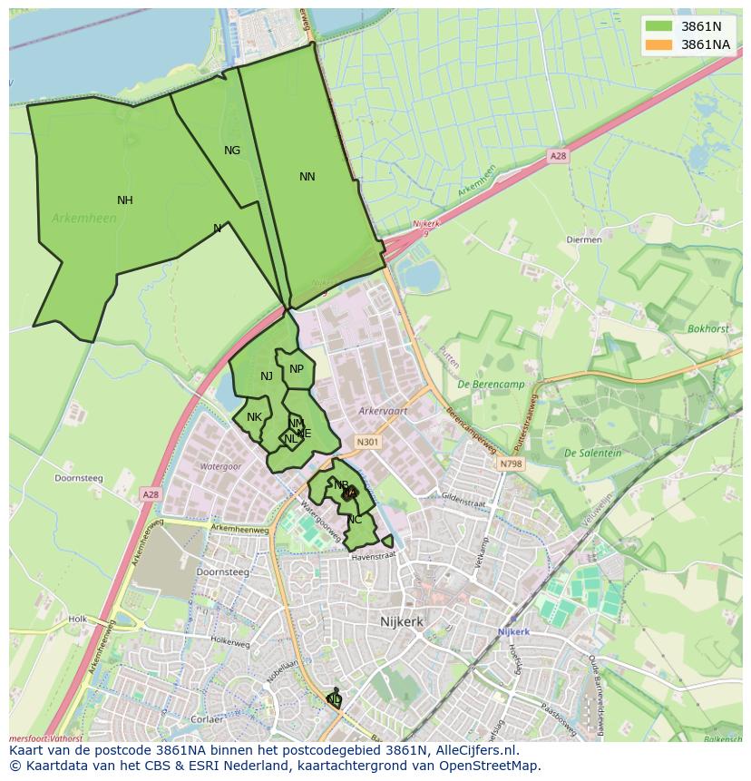 Afbeelding van het postcodegebied 3861 NA op de kaart.